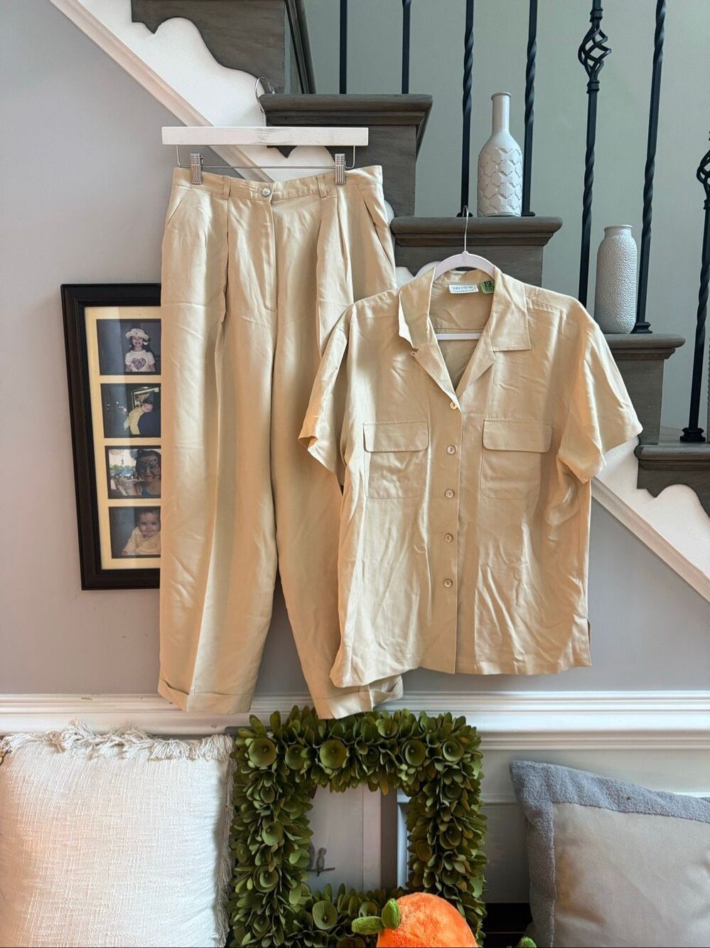 Vintage Preview Collection 109% Silk Tan Pantsuit Sz M EUC